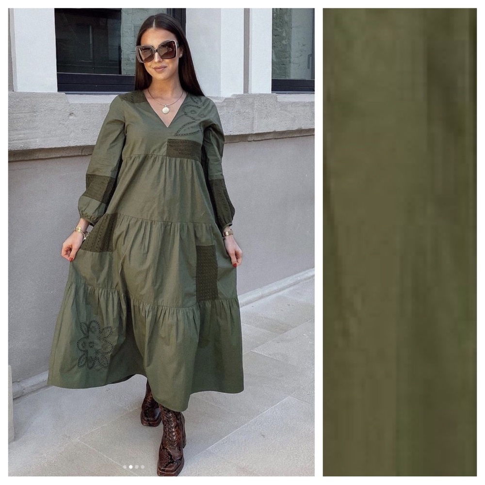 Zara Olive Patchwork V-Neck Tiered Midi Dress - Picture 4 of 16